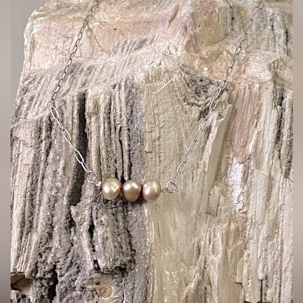 ONE OF A KIND 3 Pearl Necklace on tiny antique silver paper clip chain